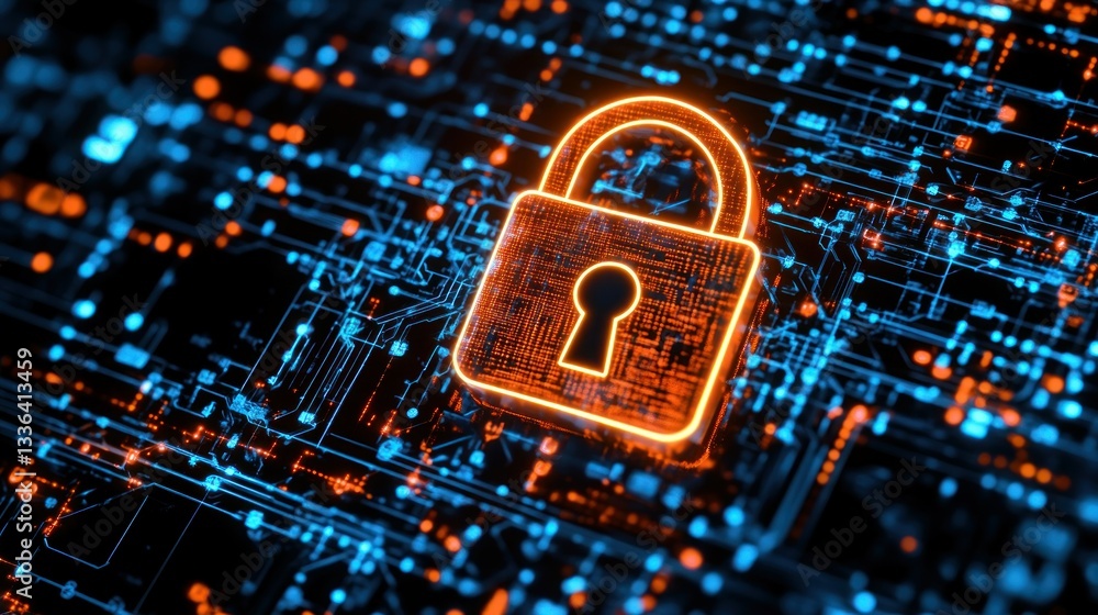 Poster An illuminated padlock overlaying a digital circuit board network