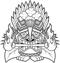 Black And White Fierce Tiki Mask with Fire Torches, Feathers, and Tropical Flowers