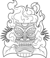 Black And White Flaming Tiki Mask with Tribal Carvings, Fire, and Tropical Leaves
