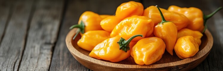 Bright yellow habanero peppers in a wooden bowl on rustic table.