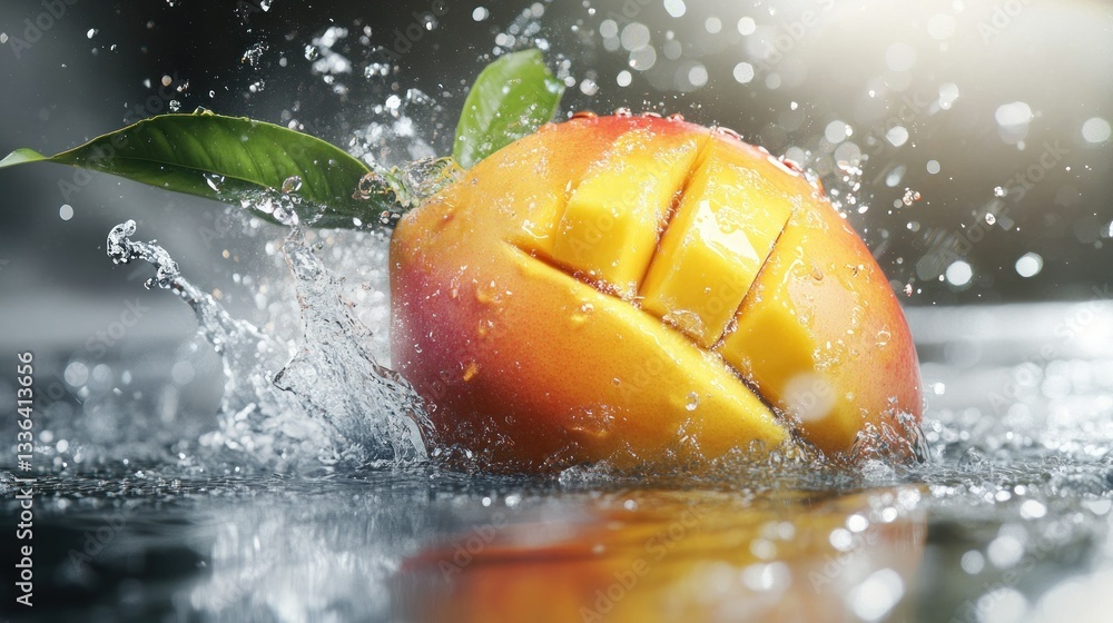 Poster a fresh mango with water splashing around its presence