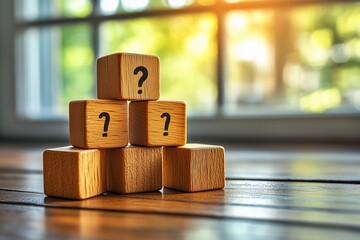 窓辺の机に置かれたはてなマークのブロックの風景
