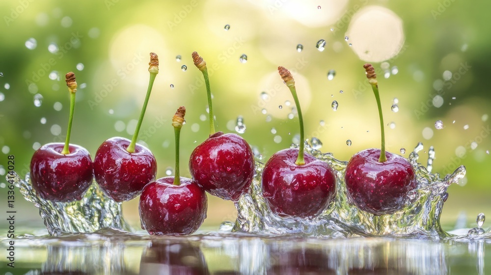 Poster fresh red cherries are in water with small droplets splashing around