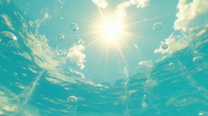 The underwater view shows sun clouds and rising bubbles perfectly