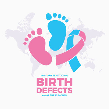 January is National Birth Defects Awareness Month poster vector illustration. Pink blue awareness ribbon and baby foot print icon set vector. Template for background, banner, card. Important day