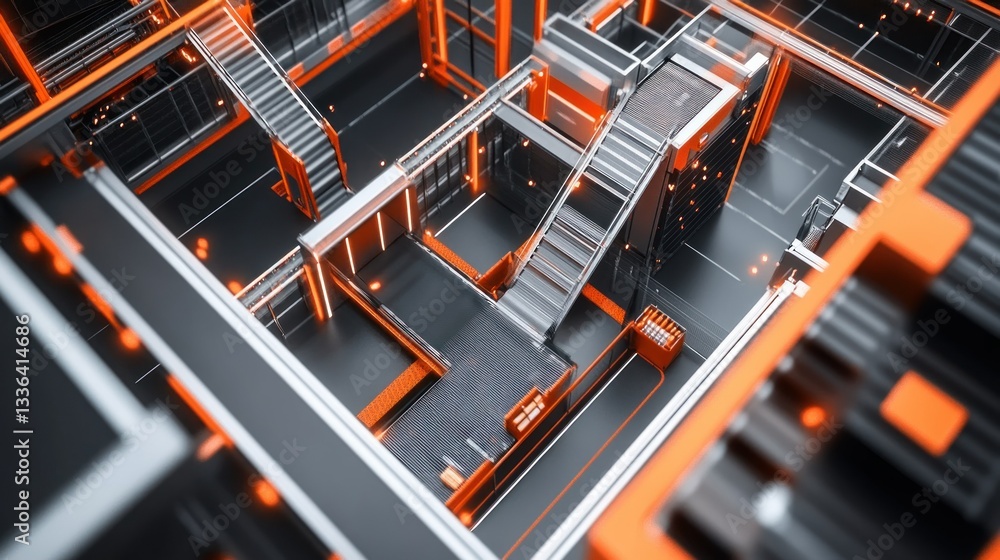 Poster a futuristic architectural design featuring stairs and walkways with lights