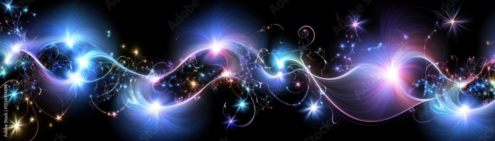 Poster abstract artwork features swirling lights and sparkling starbursts on black background