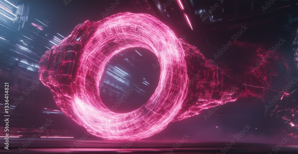 Poster a large glowing pink ring structure floating in a dark space