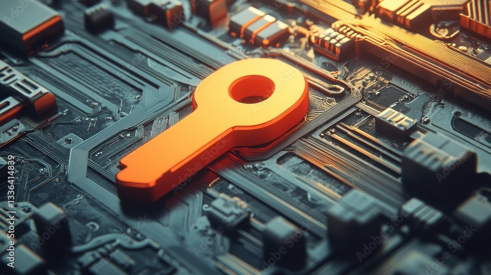 Poster An orange key graphic placed on top of a computer circuit board