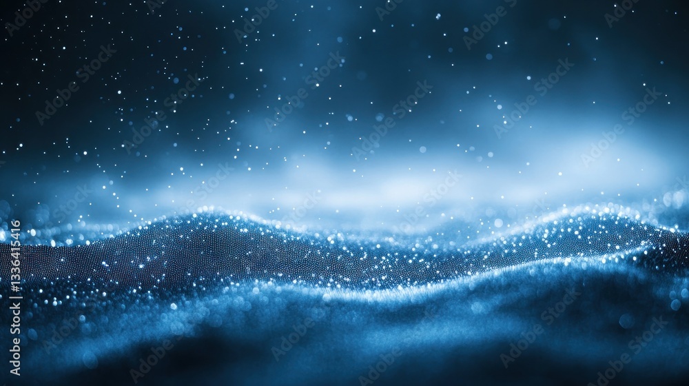 Poster Abstract blue background with sparkling particles and undulating waves