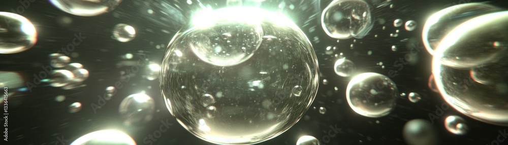 Poster Transparent bubbles and light creating a luminous spherical composition