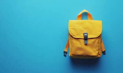 Education school, back to school concept - Yellow school backpack, isolated on clean blue texture background