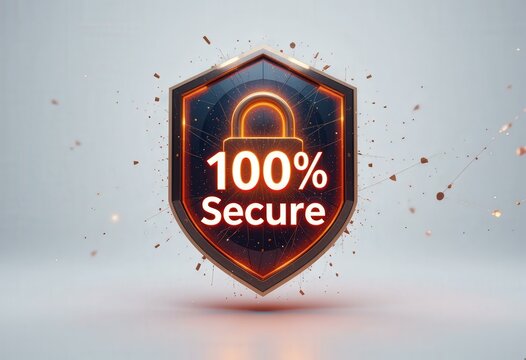 Futuristic Digital Illustration Secure Shield Padlock 100% Secure Text Light Gradient Background - Cybersecurity Online Trust Concept Website Protection