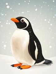 Fototapeta premium Gentoo Penguin Standing in Snowy Weather Illustration for Winter Season