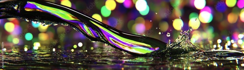 Poster a curved shiny fluid pouring out with colorful lights in background