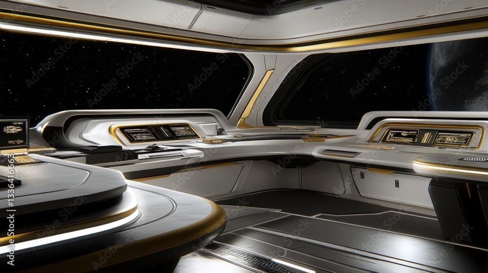 Poster futuristic spaceship interior view with consoles and a cosmic background present