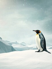 Fototapeta premium Penguin Standing on Snowy Hill in Antarctic Landscape During Winter