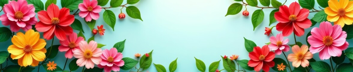 Fototapeta premium Vibrant flowers bordering a blank space with green leaves, background, nature