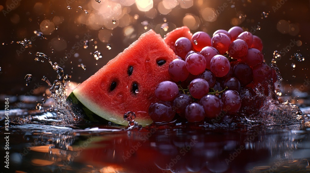 Poster watermelon slice and grapes partially submerged in water showcase freshness