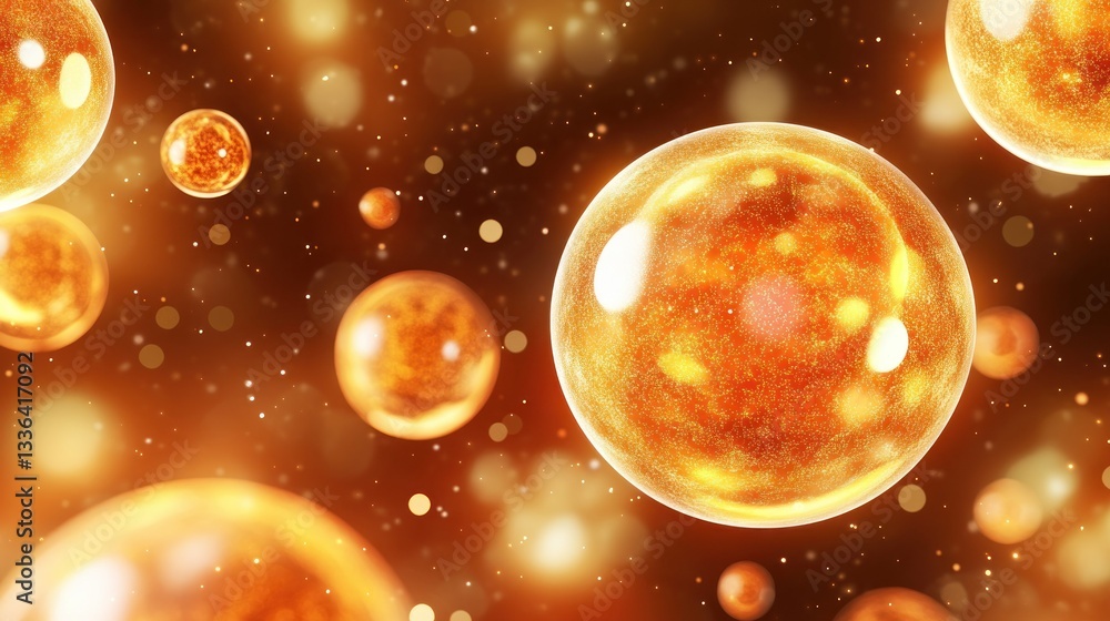 Poster several glowing orbs floating in a warm colored cosmic space