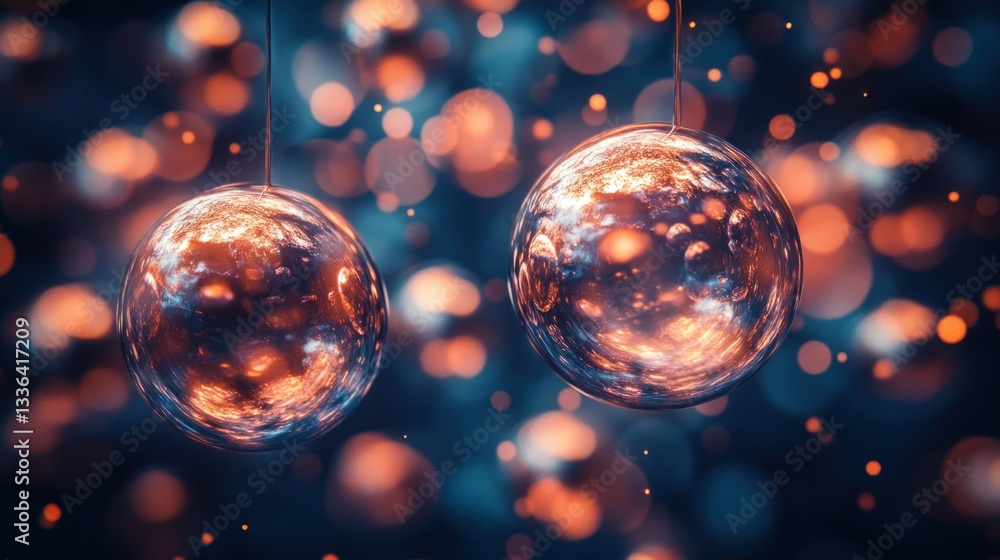 Poster Two reflective spherical ornaments suspended with bokeh backgrounds for display