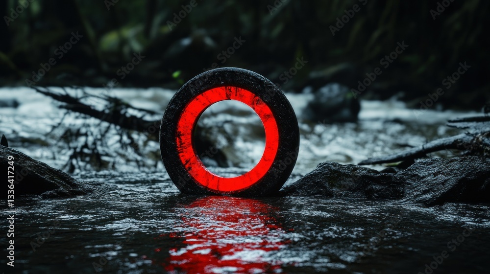 Poster A red glowing circular object positioned in running water