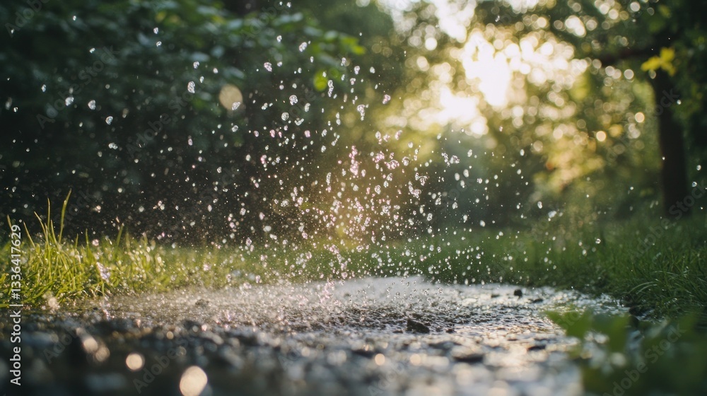 Poster sparkling water droplets suspended in the air above a muddy path