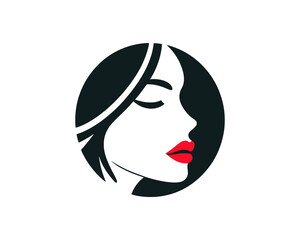 Pretty woman face logo design icon vector illustration. Face of cute woman silhouette vector template.
