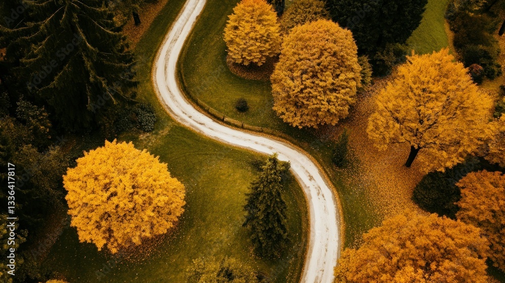 Poster a winding pathway surrounded by trees in an autumn landscape setting