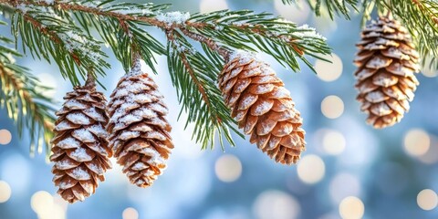Christmas snowy winter holiday celebration greeting card banner panorama - Closeup of pine branch with pine cones and snow, defocused blurred background with blue sky and bokeh lights and