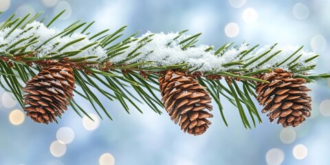 Christmas snowy winter holiday celebration greeting card - Closeup of frozen pine branch and snow, defocused blurred background with blue sky and
