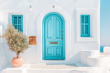A charming Mediterranean street with whitewashed walls, vibrant blue doors, and colorful ceramic tiles adorning the stairways