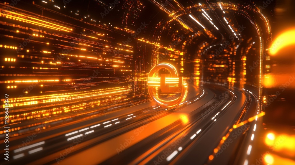 Poster Illuminated tunnel with glowing data streams and an emblem displayed