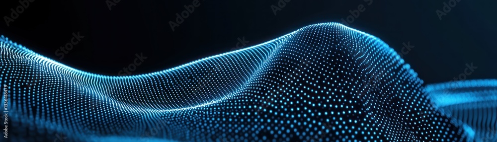 Poster abstract blue digital wave pattern made of glowing dots