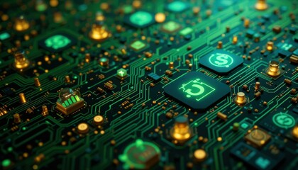 Obraz premium Futuristic Digital Circuit Board Illustration Glowing Microchips Icons Dark Background - Fintech Digital Transformation Concept Financial Technology Marketing Materials