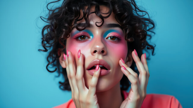 Gay boy with his face covered in makeup and a sensual gesture against a blue background. Portrait of a young transgender man with makeup and a striking expression.