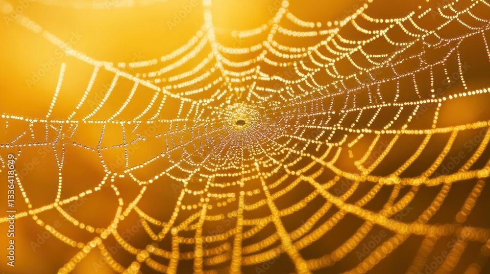 Poster a close up photograph of a spiderweb with water droplets