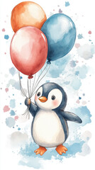 Naklejka premium Cute penguin holding colorful balloons in whimsical watercolor style, surrounded by soft splashes of color, evoking joyful and playful atmosphere
