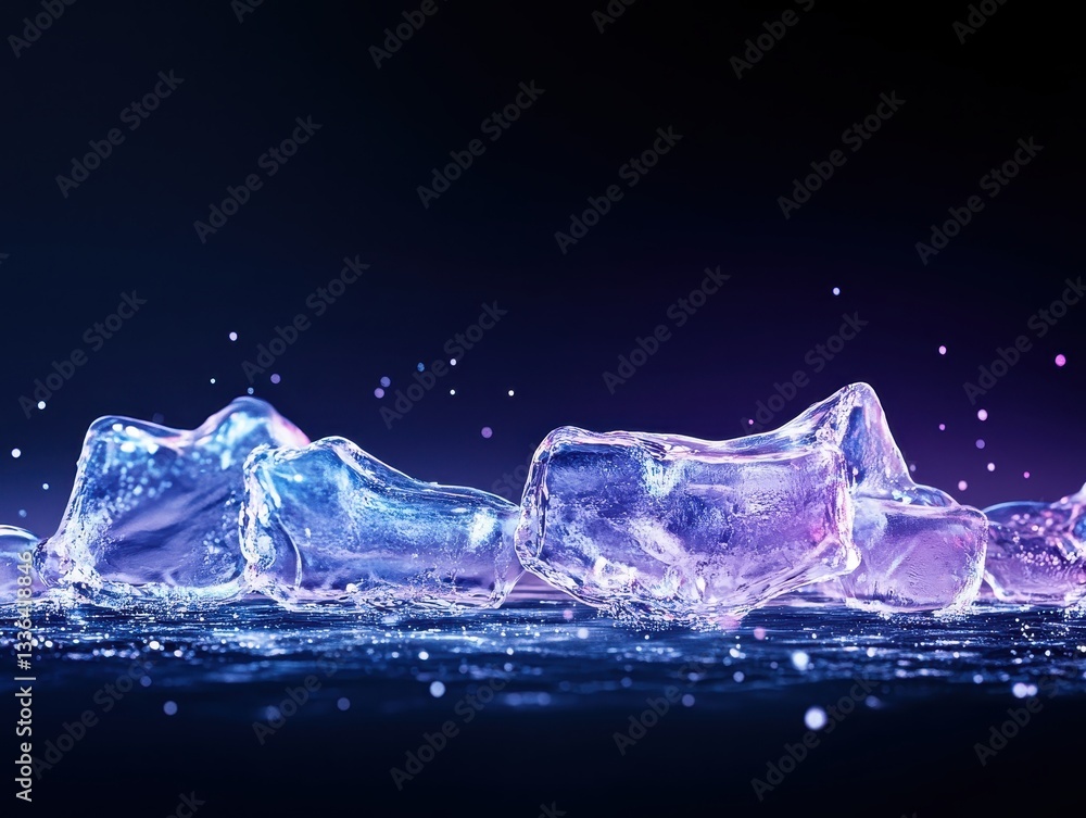Poster glimmering ice cubes on a reflective surface with colorful bokeh background