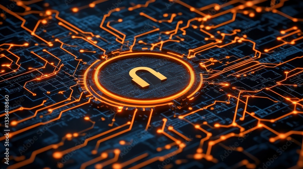 Poster a digital circuit board with security padlock symbol design