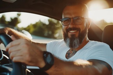 Happy man sitting inside new car and showing automatic key at camera, male having car ride or test-drive, selective focus