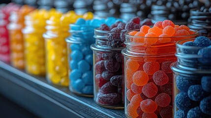 colorful assortment of hard candies in glass jars with vibrant wrappers and various shapes