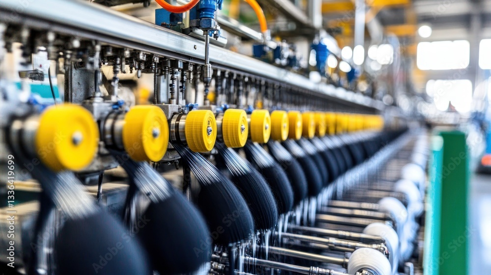 Poster Automated textile manufacturing machinery produces spools of thread efficiently and rapidly