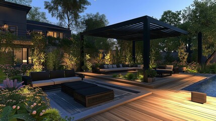Obraz premium Modern Outdoor Backyard Design with Pergola and Swimming Pool
