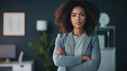 A serious businesswoman with arms crossed looks directly at the camera