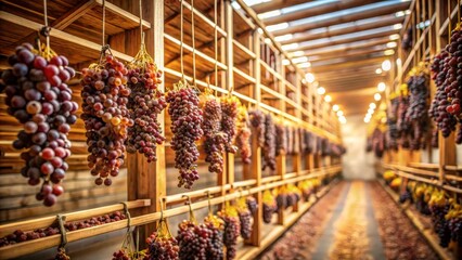 Rows of drying bunches of grapes hang from wooden shelves in a rustic cellar