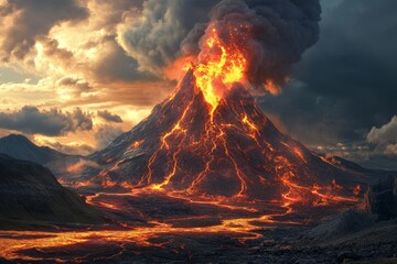 Erupting volcano with lava flows at sunset.  Dramatic fiery landscape