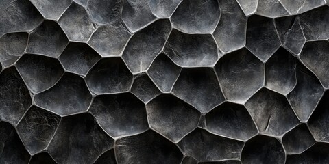 Abstract 3d texture, black concrete cement wall background, faceted texture, macro panorama, wide panoramic polygonal wallpaper