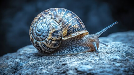 A detailed close up image of a snail on a rock surface