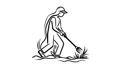 Obraz premium Gardener cultivating plants with rake in outdoor garden